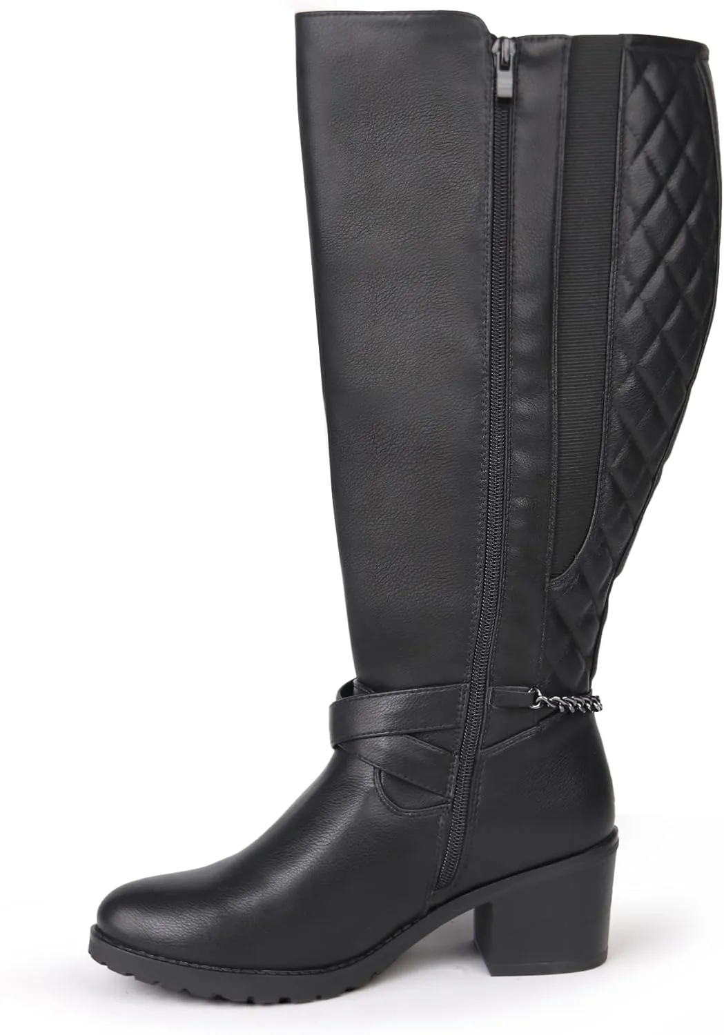 Women's Extra Wide Calf Block Heel Chic Chain Buckle Motorcycle Knee High Boots