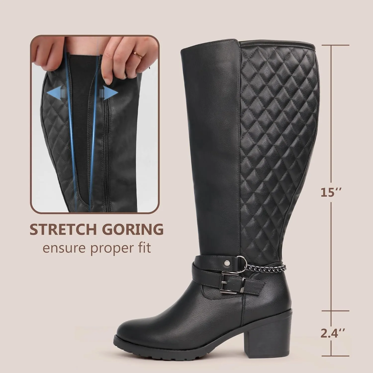 Women's Extra Wide Calf Block Heel Chic Chain Buckle Motorcycle Knee High Boots