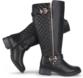 Women's Extra Wide Calf Knee High Riding Boots Retro Double Buckle Chic Style Fall Boots