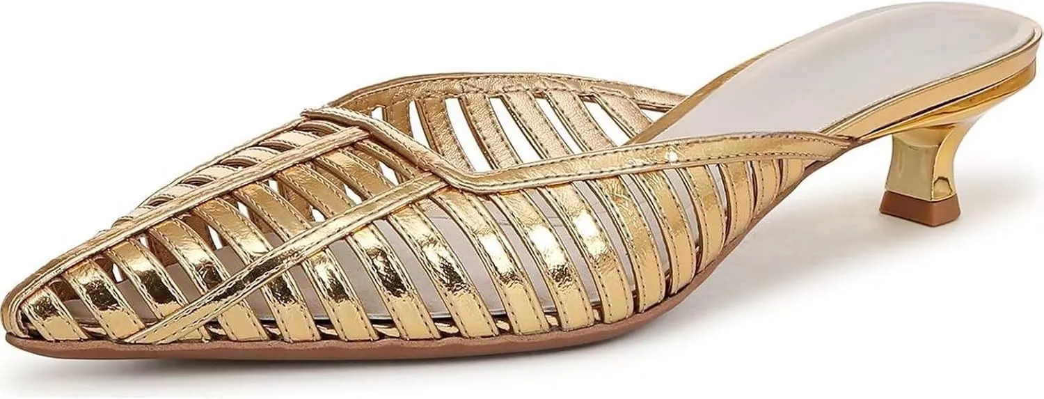 Women's Kitten Heel Pointed Toe Mules Elegant Cutout Slide Sandals Low Heel Comfortable Slip On Parties Office Casual Pump Shoes